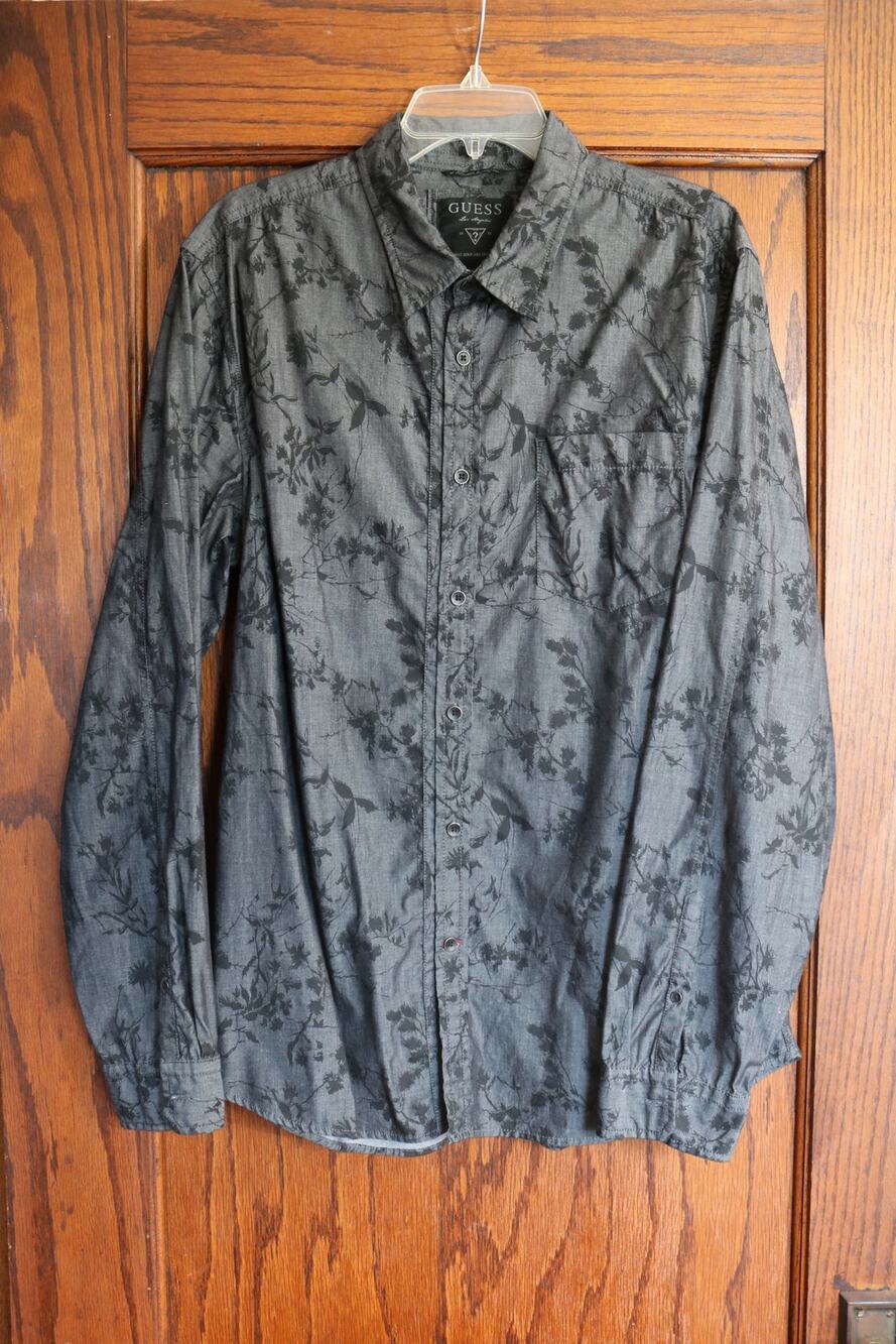 GUESS Dress Shirt Mens XL Dark Gray Floral Black Felt Pattern Button Up Cocktail